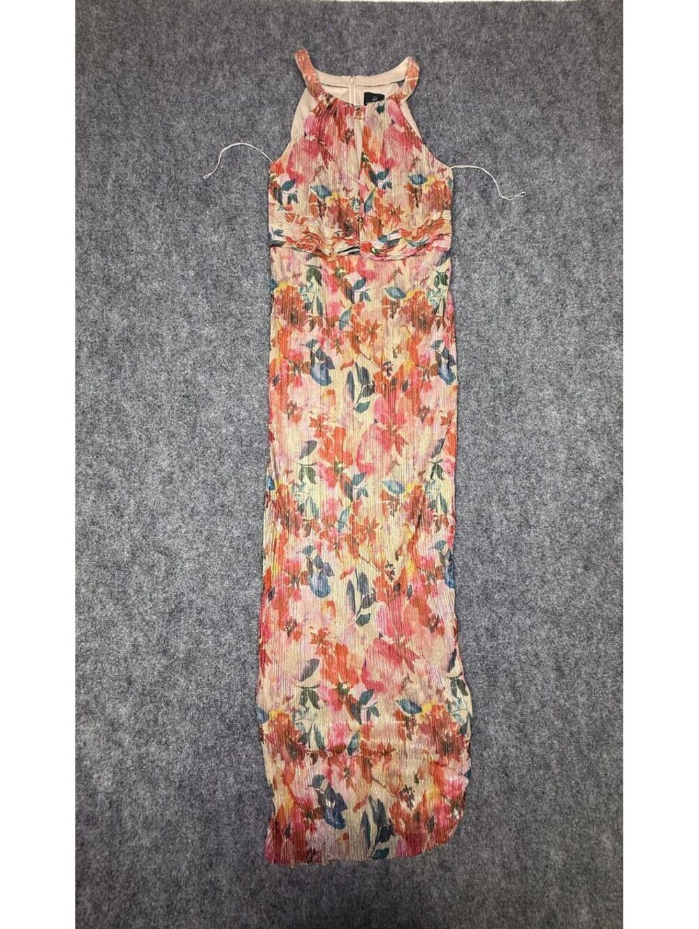 Adrianna Papell Metallic Pleated Halter Gown Floral Dress 12